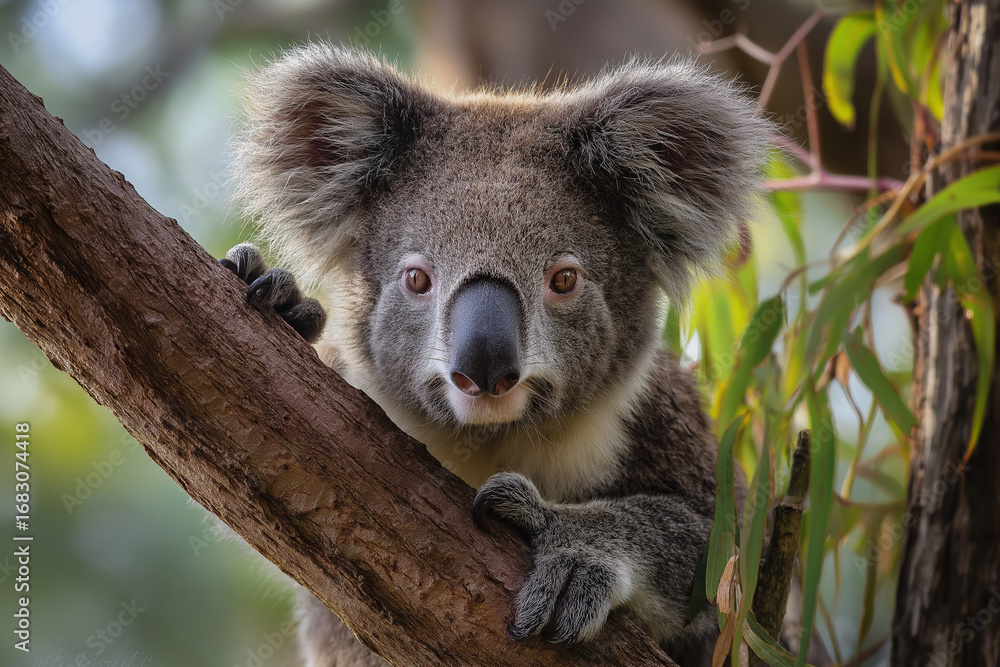 Fototapeta premium Koala bear standing a tree in the Australian bush, wolf, animal, white.