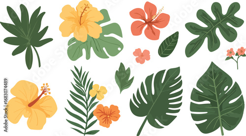 Vibrant tropical botanical collection featuring exotic flowers and lush green leaves