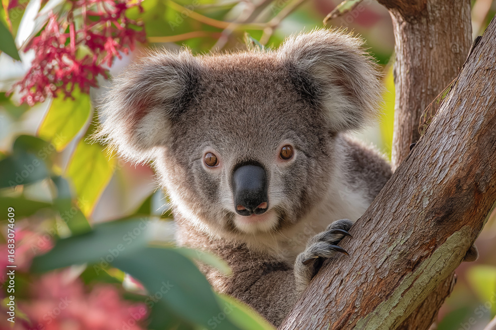Naklejka premium Koala bear standing a tree in the Australian bush, wolf, animal, white.