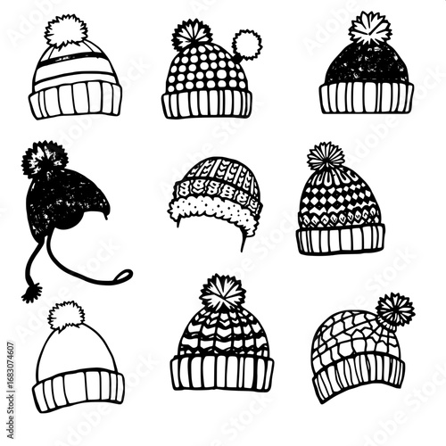 Collection of 9 unique winter hat doodles in a quirky hand-drawn style, featuring silhouette illustrations of children's colorful pom-pom hats with fluffy pom-poms and adults' intricately knitted caps