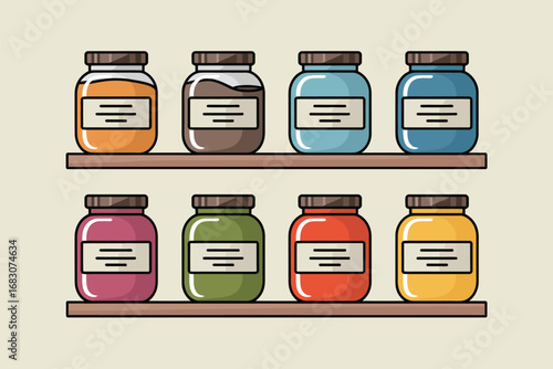 Eight colorful jars with labels on two wooden shelves against a light beige background illustration