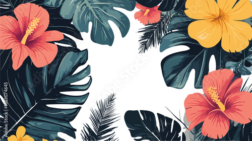 Vibrant tropical floral arrangement with lush green monstera leaves and colorful hibiscus flowers