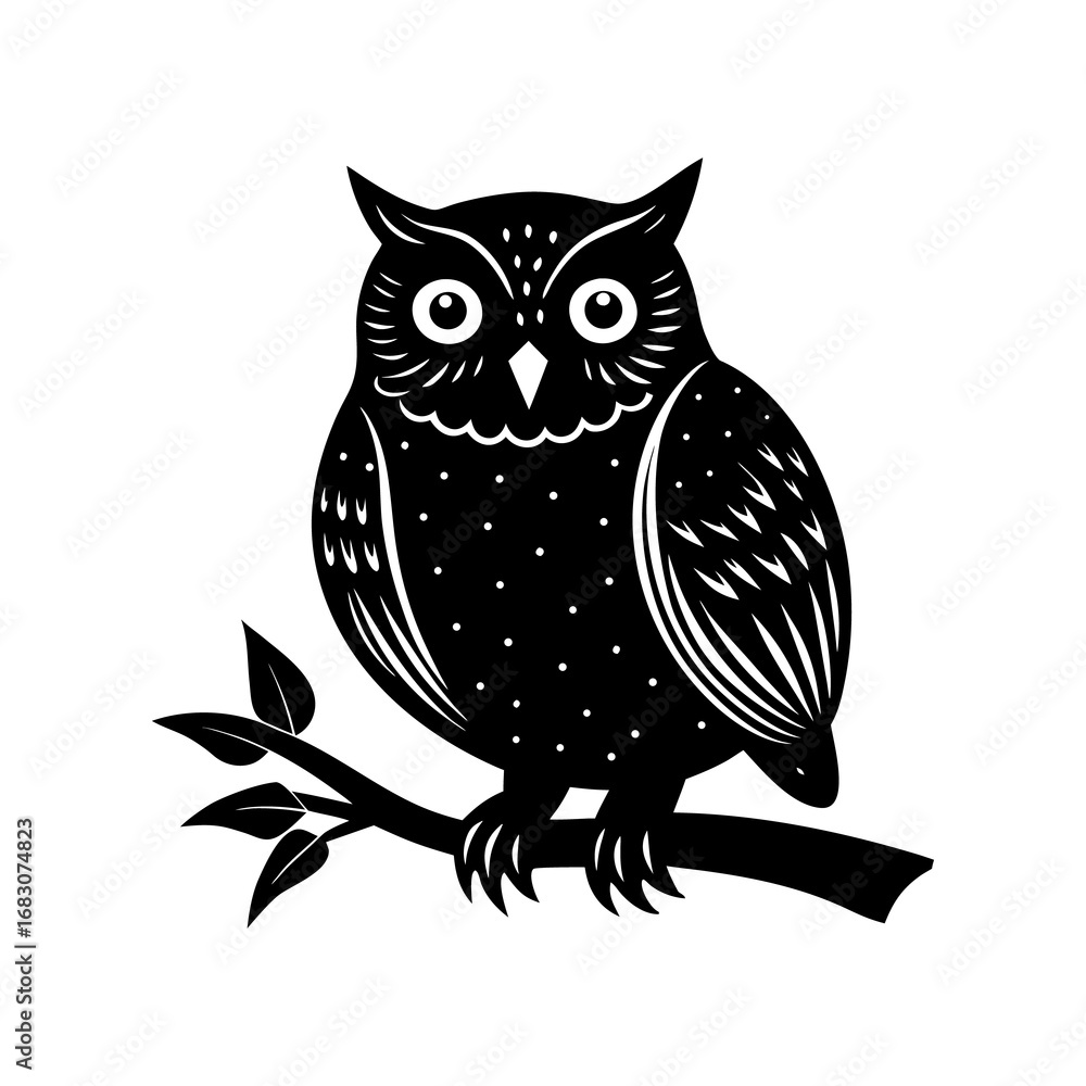 Fototapeta premium Sitting Owl on Branch with Leafy Detail Silhouette