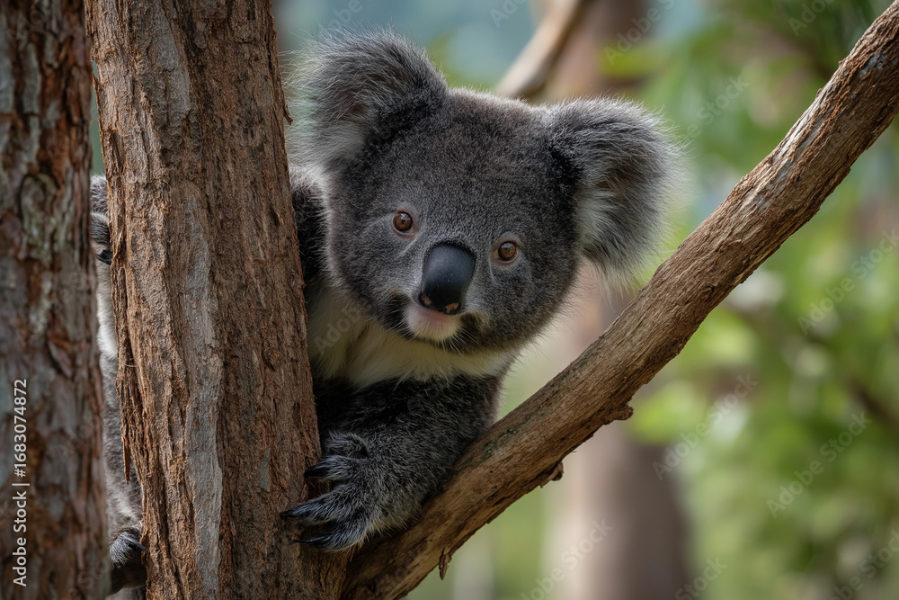 Obraz premium Koala bear standing a tree in the Australian bush, wolf, animal, white.