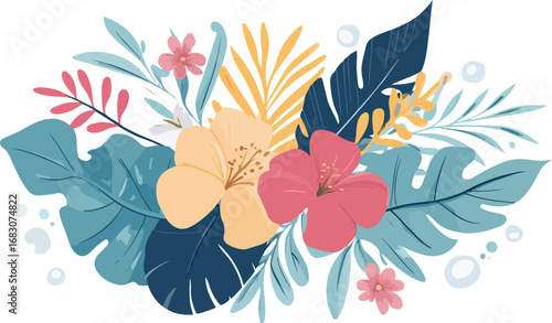 Vibrant tropical floral arrangement with lush greenery and exotic flowers