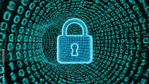 Wallpaper Mural Dynamic Digital Security Padlock Icon with Flowing Binary Code Tunnel Animation for Cyber Protection and Data Encryption. Torontodigital.ca