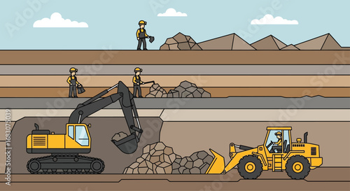 Flat vector illustration of miners operating excavators and loaders in a quarry with layered terrain