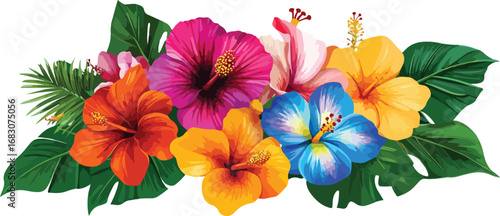 Vibrant tropical flower arrangement with lush green leaves and pine needles isolated