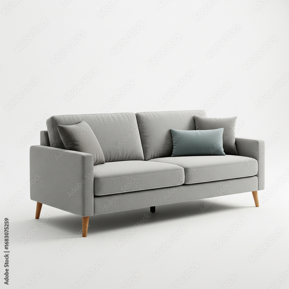 Fototapeta premium Modern grey sofa with wooden legs and decorative pillows in minimalist design, perfect for furniture advertising, lifestyle blogs, and interior design projects.