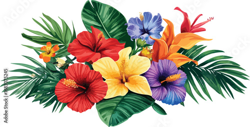 Vibrant tropical flower arrangement with lush green palm leaves and exotic blooms