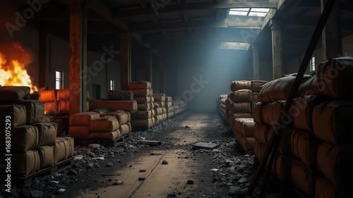 Wallpaper Mural Burnt goods and equipment inside the warehouse. Destroyed logistics hub as a result of a rocket attack Torontodigital.ca