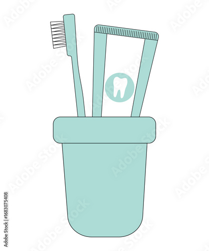 Toothbrush and toothpaste in a glass, vector isolated illustration on a white background cartoon style