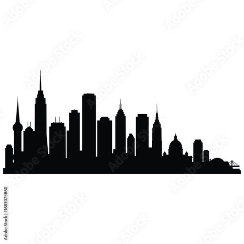 A black vector silhouette of a sprawling urban cityscape with diverse architectural styles.