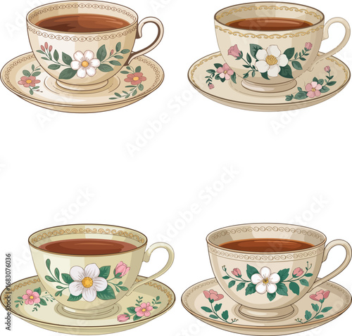 Hot beverages in white porcelain cups, including tea and coffee, sit on saucers, perfect for a morning breakfast cafe