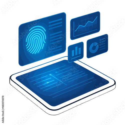 3D Futuristic Touchscreen Interface With Floating Data Panels - Digital dashboard displaying biometric data and performance metrics.