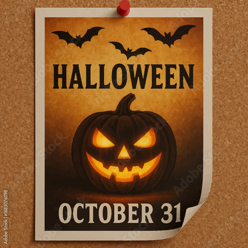 A spooky vintage Halloween poster with a glowing jack-o'-lantern and bats, advertising an October 31 event on a corkboard