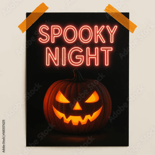 An evil glowing jack-o'-lantern with a "Spooky Night" message on a poster taped to a rustic, cracked wall, for a haunting Halloween event