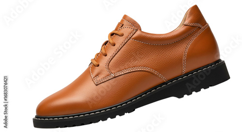 A single brown leather women's lace-up shoe with white stitching and a black sole, photographed in a studio.