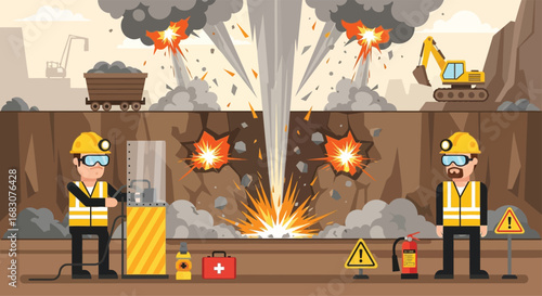Flat vector mining scene of blasting rocks with controlled explosions and safety equipment