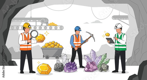 Clean 2D flat vector background of workers in safety uniforms inspecting gold nuggets and minerals