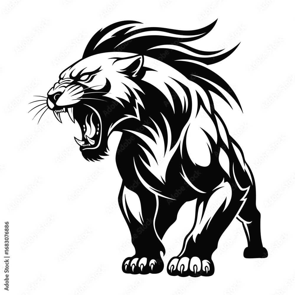 Fototapeta premium A fierce roaring lion with a stylized mane and sharp fangs depicted in a powerful black and white vector illustration.