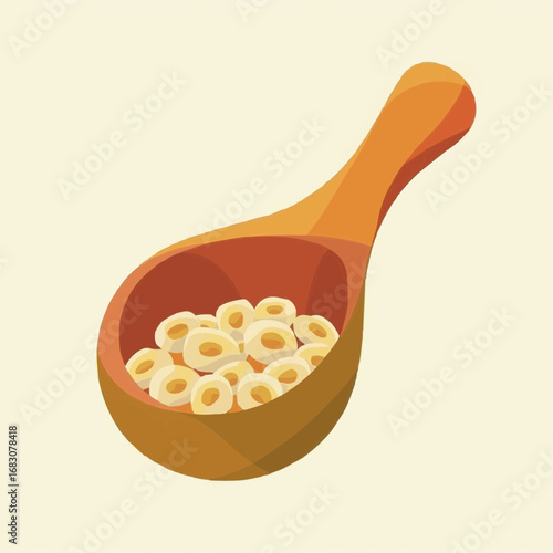 Triangular wooden nutritious scoop with circular grains in flat color style  