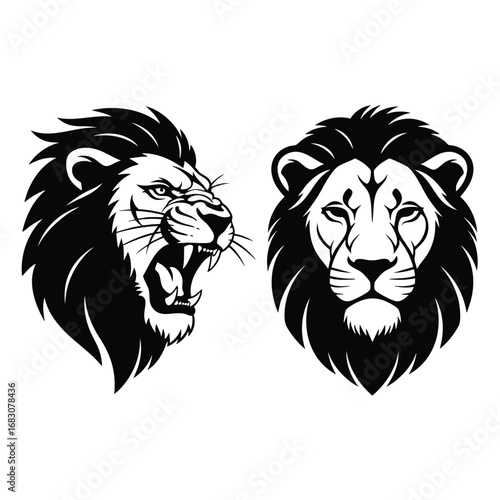 Black and white graphic illustrations of a lions head one roaring fiercely in profile and one calm front view.