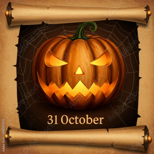 A glowing jack-o'-lantern on a spooky spiderweb background, framed by an aged scroll, perfect for a 31st October Halloween poster
