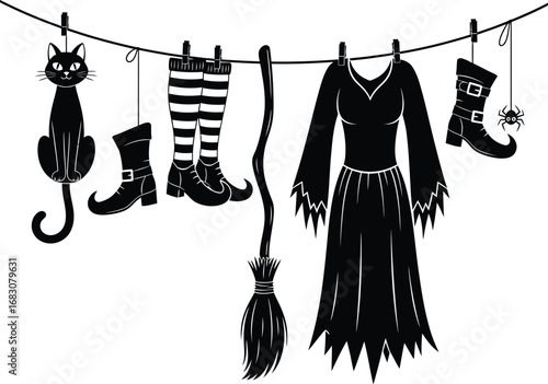 Whimsical halloween clothesline featuring black cat witch hat boots and broomstick for spooky fun