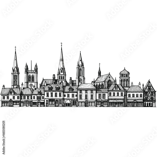 Handdrawn black and white sketch of a historic European city skyline with church spires.