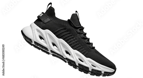 A single black and white knit sneaker with a thick, sculptural sole and elastic laces, photographed in a studio.