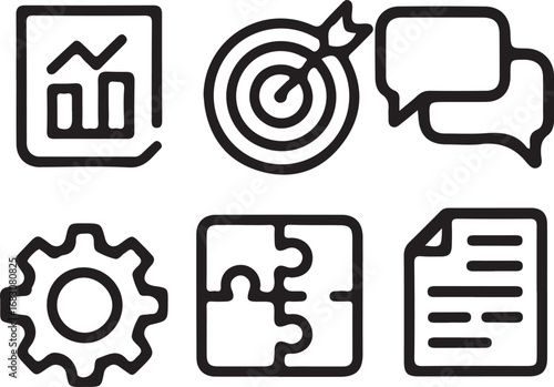 Business Icons: Graph, Target, Chat, Gear, Puzzle, Document
