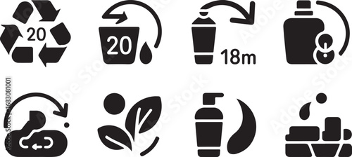 Collection of eight black and white icons related to product usage and care