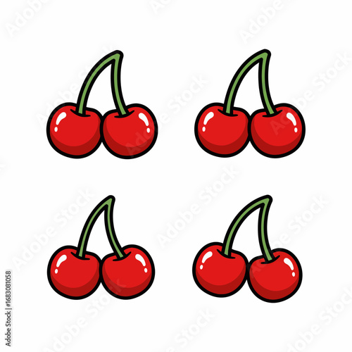 Four pairs of bright red cherries a delicious summer fruit.