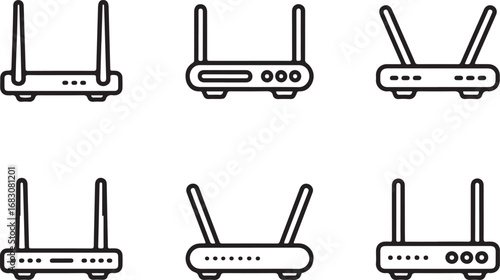 Collection of six modern wireless internet router icons with antennas
