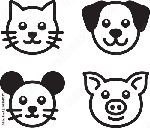 Cute Animal Icons: Cat, Dog, Mouse, and Pig Faces