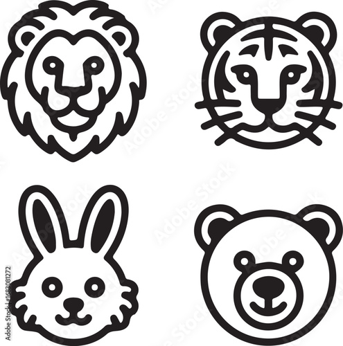 Cute Cartoon Animal Icons: Lion, Tiger, Rabbit, and Bear Faces