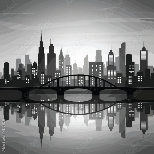 Stylized black and white cityscape illustration with a prominent arched bridge and its reflection in the water.