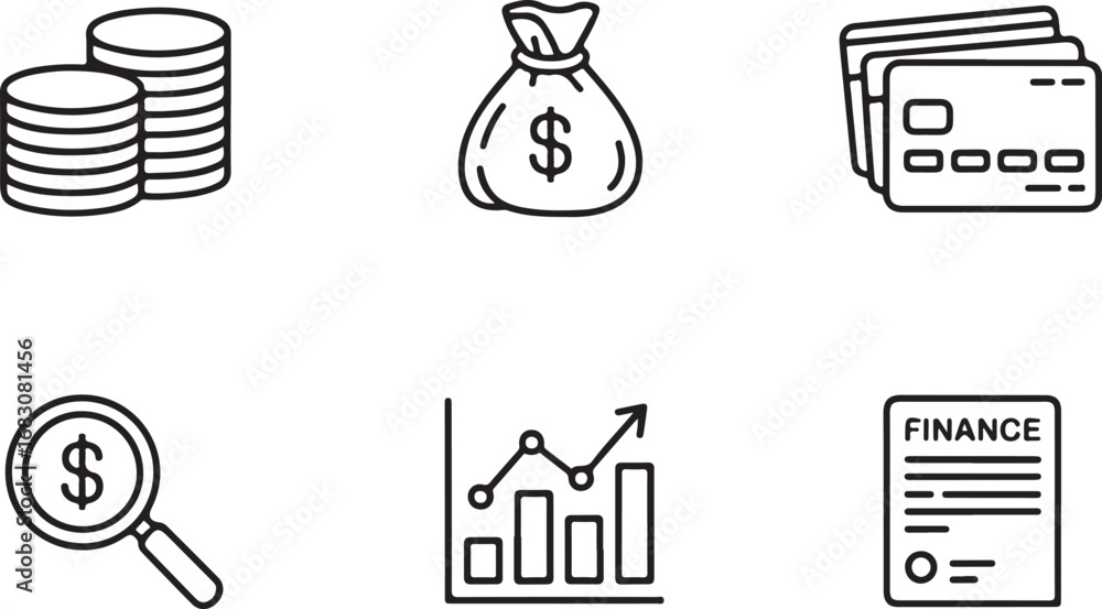 Naklejka premium Financial Icons: Coins, Money Bag, Credit Cards, Magnifying Glass, Graph, Finance Document