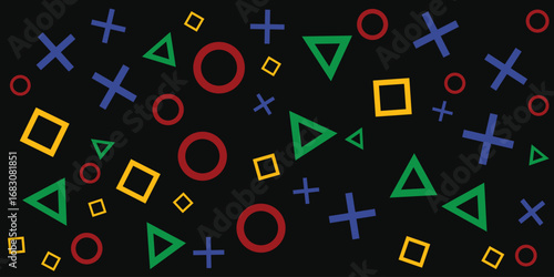 Background design with game console symbol pattern. Icons triangle, circle, cross and square. Game controller