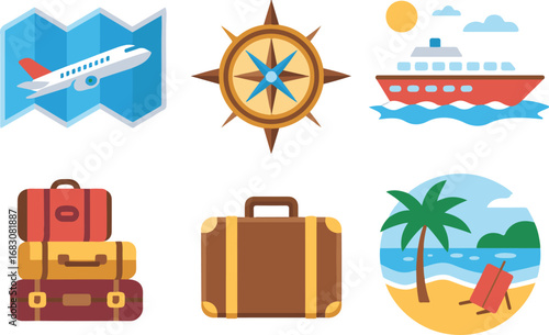 Travel Icons: Airplane, Ship, Compass, Luggage, Beach Scene, and Map