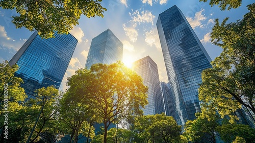 Sunlit skyscrapers amidst lush green trees