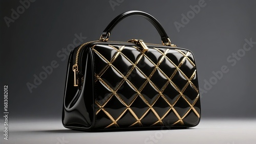 Black Quilted Handbag with Gold Accents