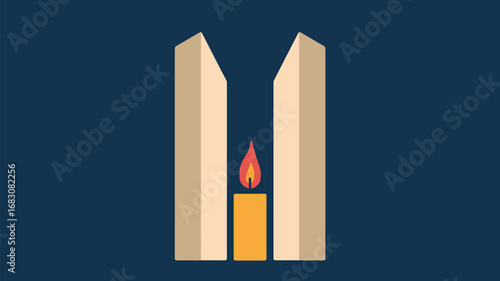 Illustration of two tall rectangular structures with a candle flame in the center on dark blue background