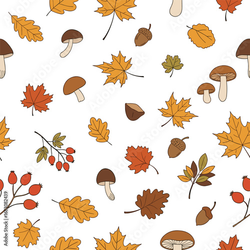 Whimsical autumn forest elements featuring falling leaves acorns and forest mushrooms seamless pattern design