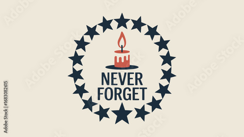 Illustration of candle and never forget text surrounded by a ring of dark blue stars on a beige background