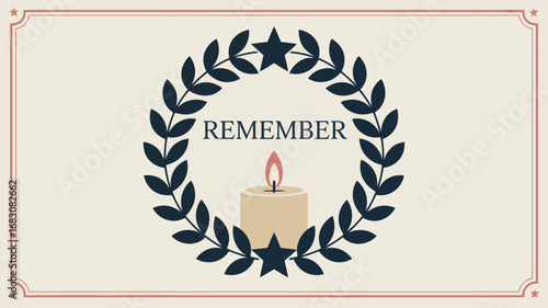 Illustration of a candle and the word remember surrounded by a wreath and a decorative border
