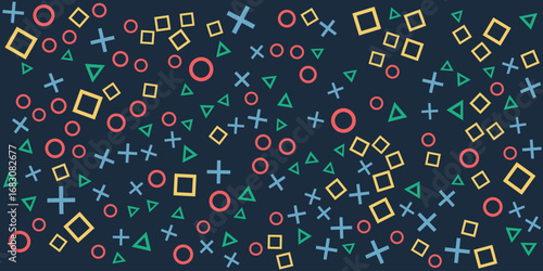 Background design with game console symbol pattern. Icons triangle, circle, cross and square. Game controller
