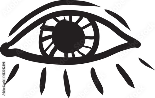 A black and white illustration of an eye, with detailed iris and lashes, looking forward.