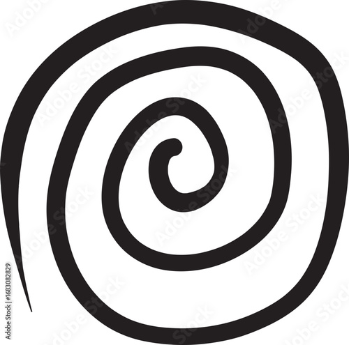 A simple, black and white spiral design, representing movement and growth, isolated on white.
